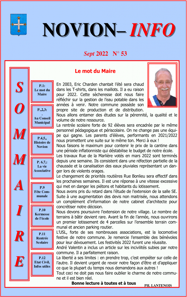1ere page du bulletin d'information n°53 de Novion-Porcien-septembre 2022